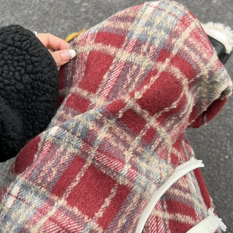 圣诞红色加绒格子裤女秋冬季高腰垂感休闲直筒长裤毛呢窄版阔腿裤