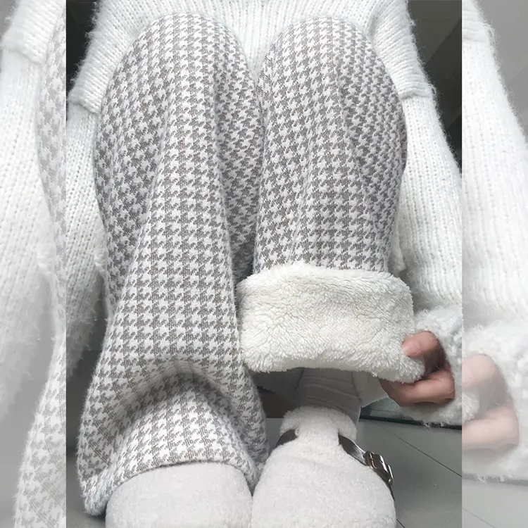 法式高级感小香风千鸟格毛茸茸阔腿裤2025冬季加厚一体绒保暖长裤