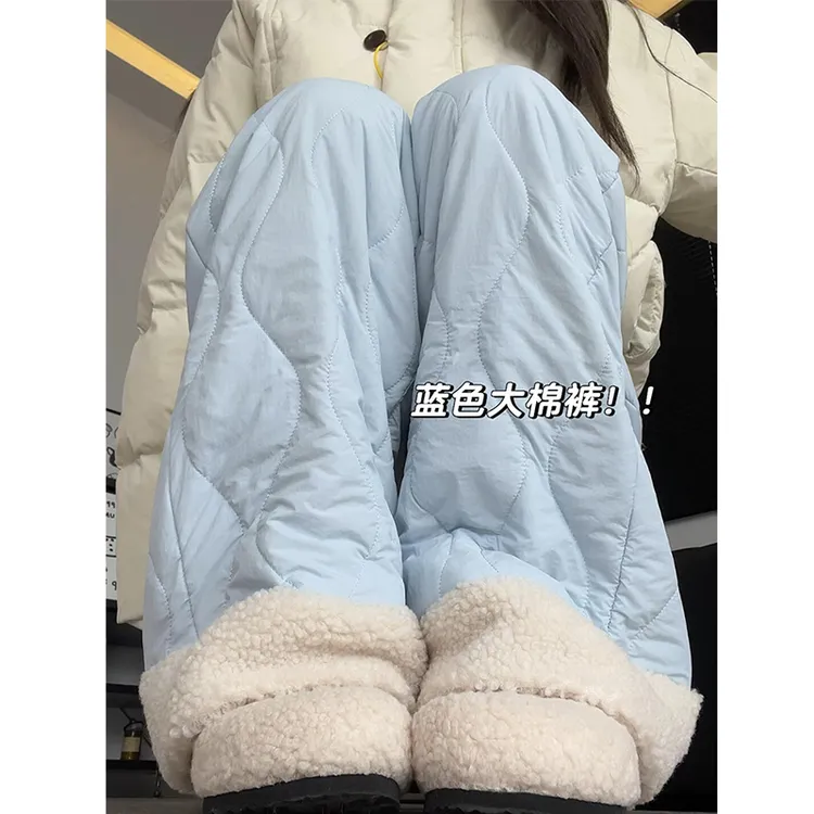 东北加绒保暖棉裤女外穿秋冬2025新款休闲羊羔绒小个子蓝色阔腿裤