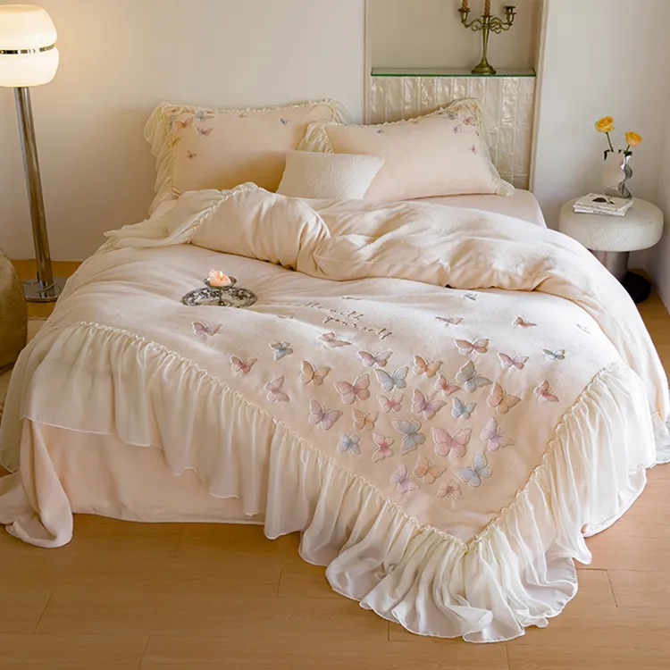 冬季加厚公主风牛奶绒四件套加绒蝴蝶结被套小清新高端床品