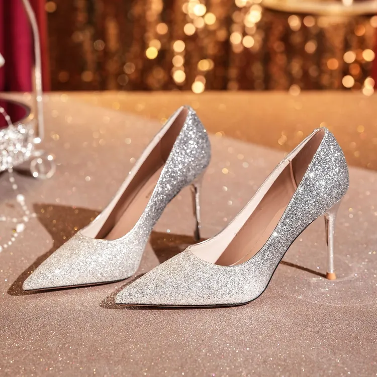 【悠闲美品牌】高跟鞋女细跟尖头格利特细闪亮片渐变宴会鞋浅口单鞋