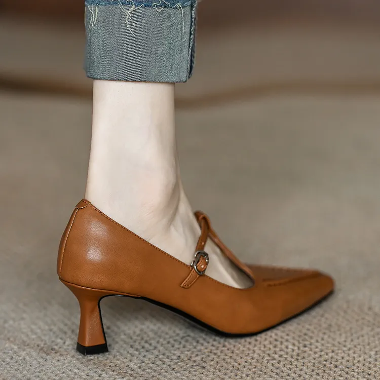 MENEER-M2025年新款复古浅口小方头单鞋女法式细跟高跟鞋气质百搭