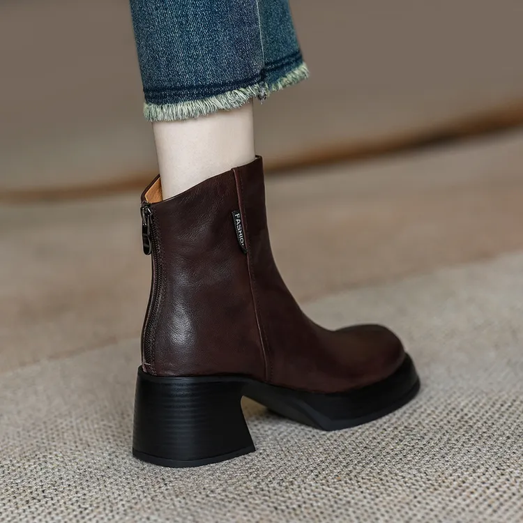 2025春季棕色及踝靴女后拉链复古法式高跟大头厚底粗跟短靴鞋子