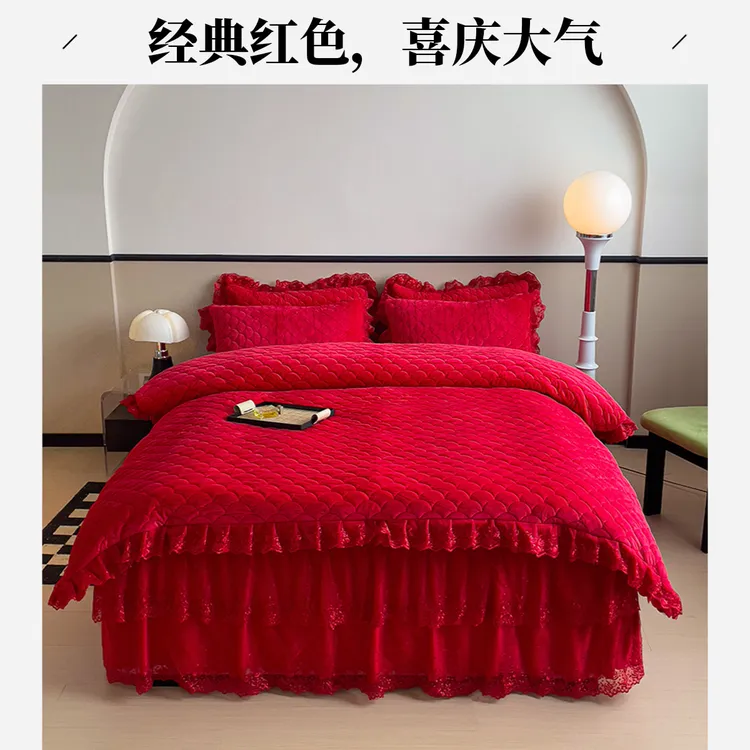 2025新款宝宝绒夹棉蕾丝床裙床上公主加厚四件套高级感加绒双层