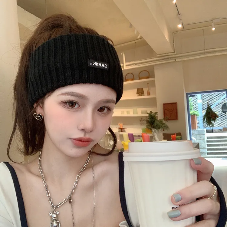 女款秋冬季针织发带女头巾毛线帽子月子产后头套运动黑色冷帽