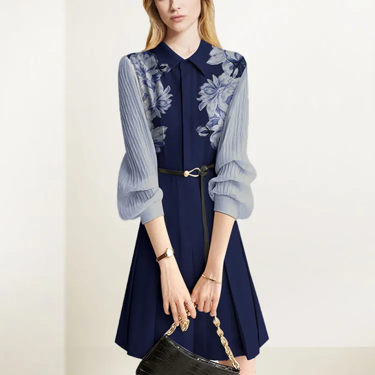 法式印花气质连衣裙女2025年秋新款灯笼袖洋气显瘦百搭中长A字裙