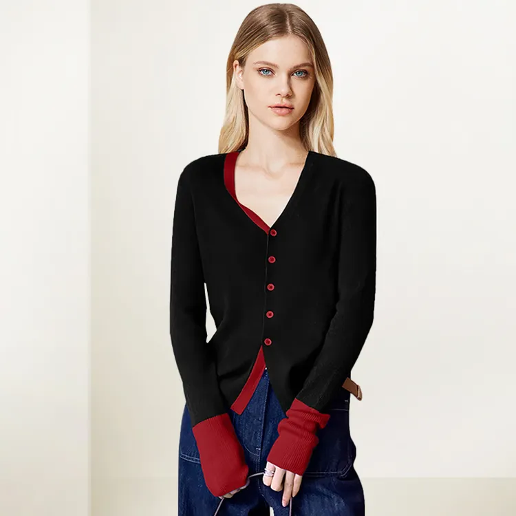 V领拼接单排扣针织衫女2025年秋装新款撞色气质长袖开衫毛衣外套