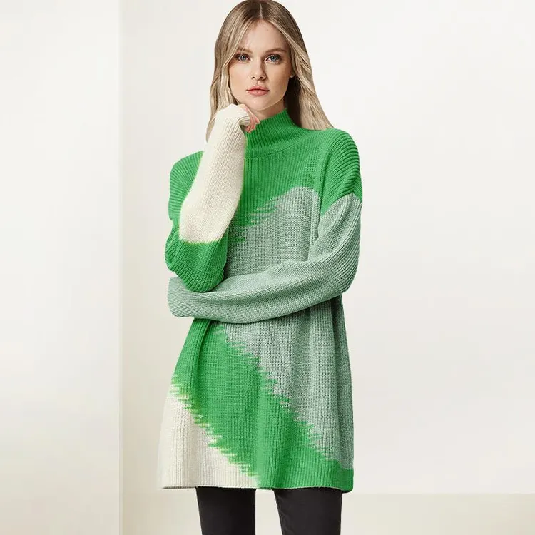 半高领撞色针织衫女2025年秋装新款打底宽松外套洋气百搭毛衣裙子