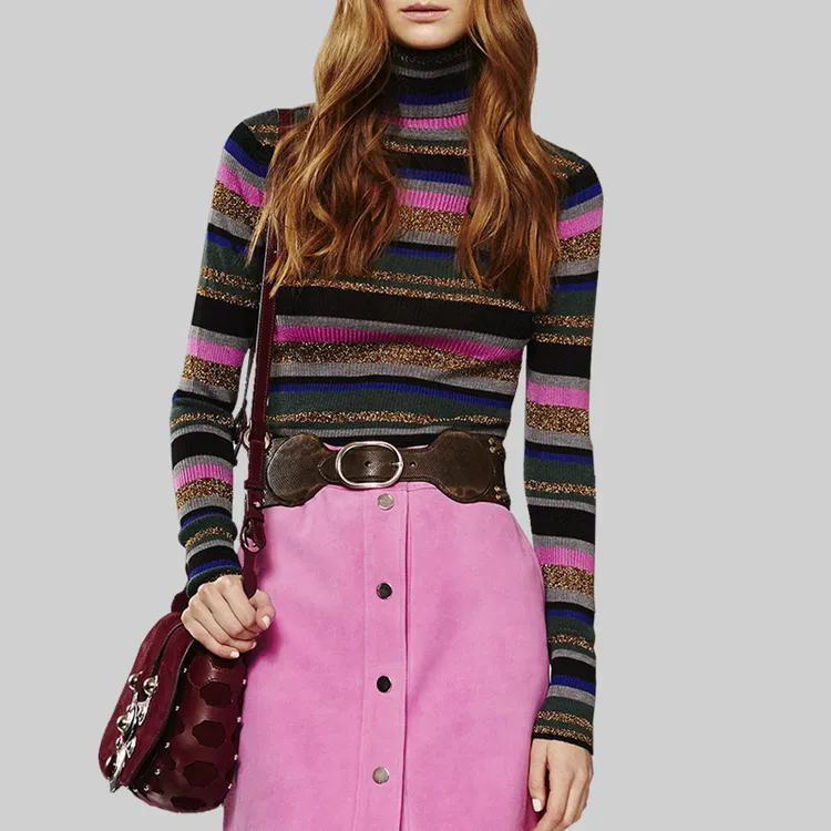 复古百搭款半高领套头毛衣女冬装新款宽松慵懒风条纹外搭针织衫潮
