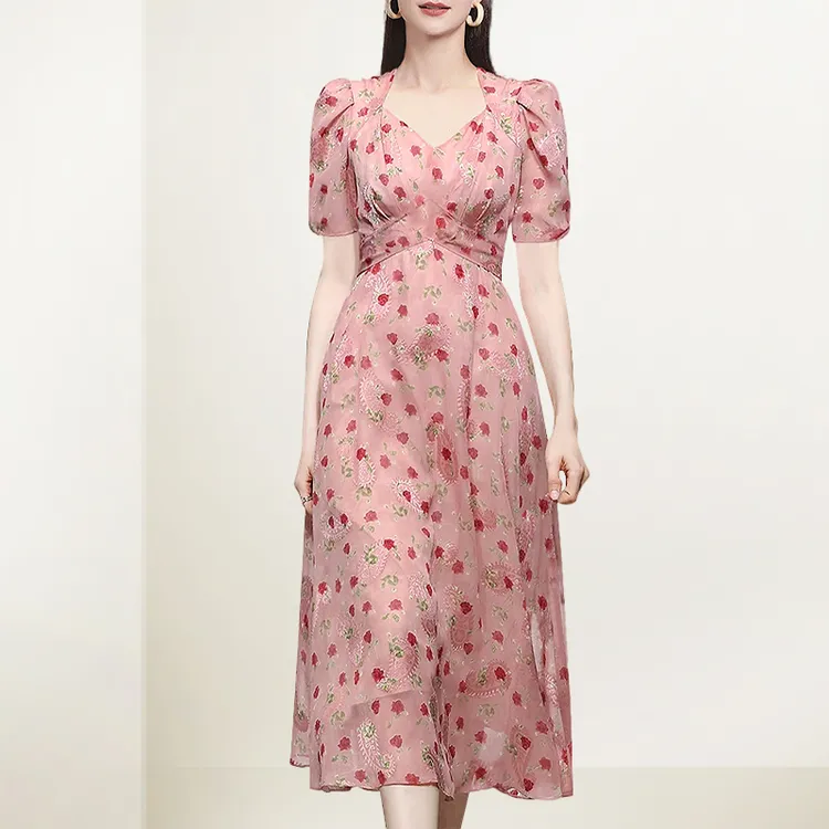 复古印花碎花连衣裙女2025年年夏装新款收腰显瘦法式茶歇A字裙潮