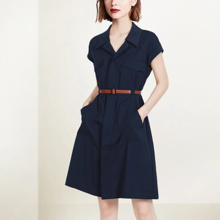 小个子衬衫连衣裙女2025年夏季新款简约通勤气质polo领腰带A字裙