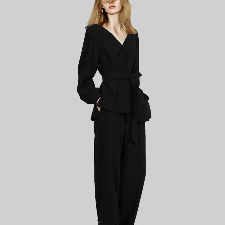 欧美气质V领休闲修身套装2025年秋冬新款短袖黑色上衣裤子两件套