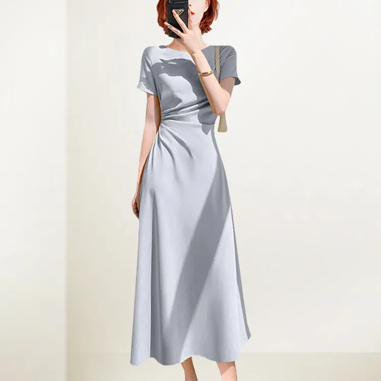 法式褶皱连衣裙女2025年夏装新款短袖轻奢不规则长裙修身气质裙子