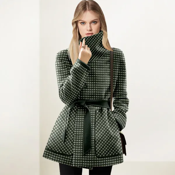 气质高领毛呢外套女2025年冬装新款千鸟格收腰显瘦中长款呢子大衣