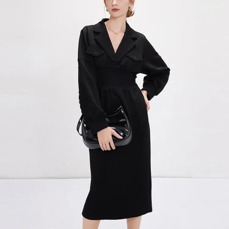 黑色西装领连衣裙女2025年秋装新款收腰显瘦百搭赫本风衬衫中长裙
