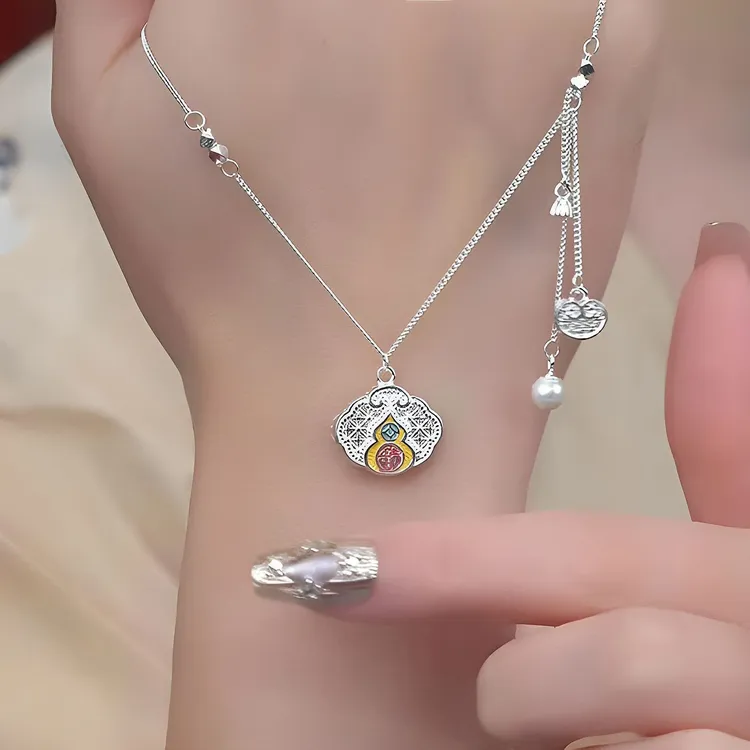 坠链均足银珐琅 990纯银【珐琅彩葫芦】时尚平安锁项链女款锁骨链