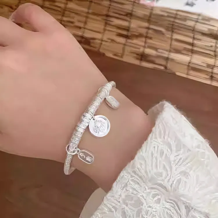 足银手镯 s9999足银【黄财神盘缠】时尚气质手工轻奢手镯生日礼物