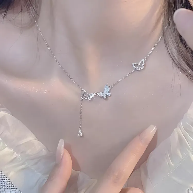 坠链均足银合成锆石 纯银【百搭蝴蝶】轻奢项链女款纯银节日送女友