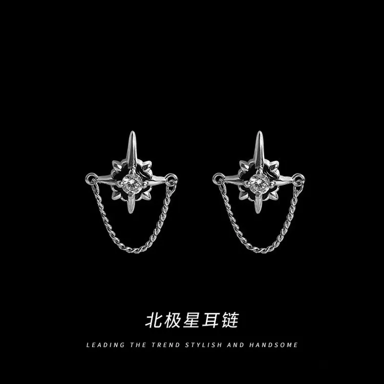 足银合成锆石耳饰 纯银【北极星】轻奢小众ins中性耳钉男士耳链简约