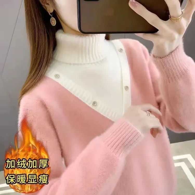 加绒加厚高龄气质女神时尚减龄毛衣防水貂绒打底衫2025新款保暖衣