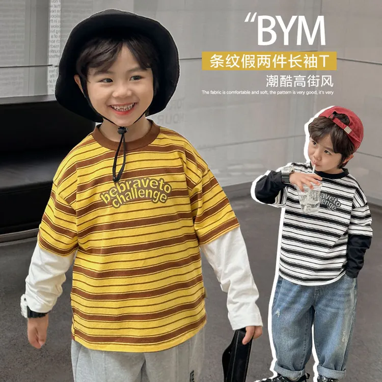 【春款上新】男童条纹假两件长袖t恤春装春秋款童装打底衫潮X4387