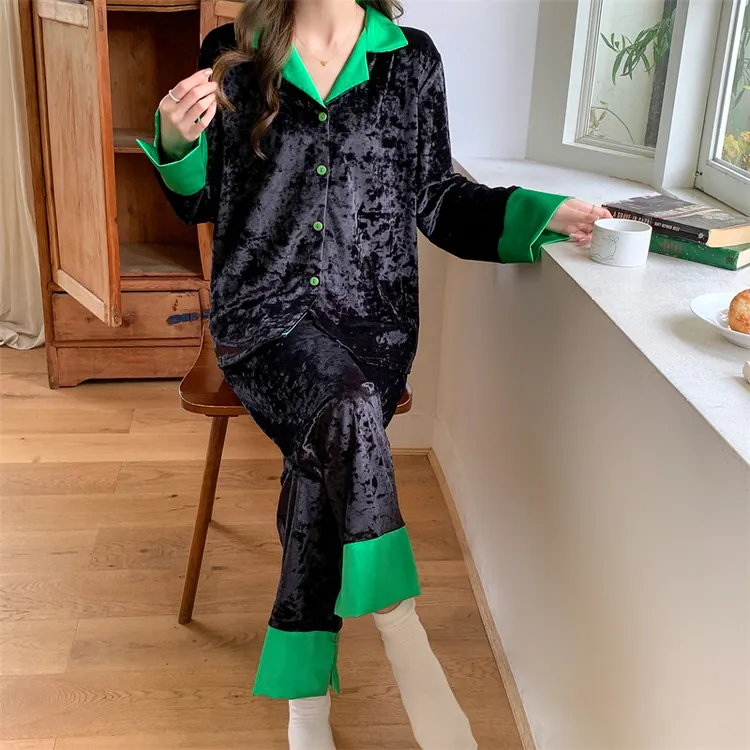 金钻绒睡衣女春秋款绿领黑色气质时尚长袖大码网红保暖家居服套装