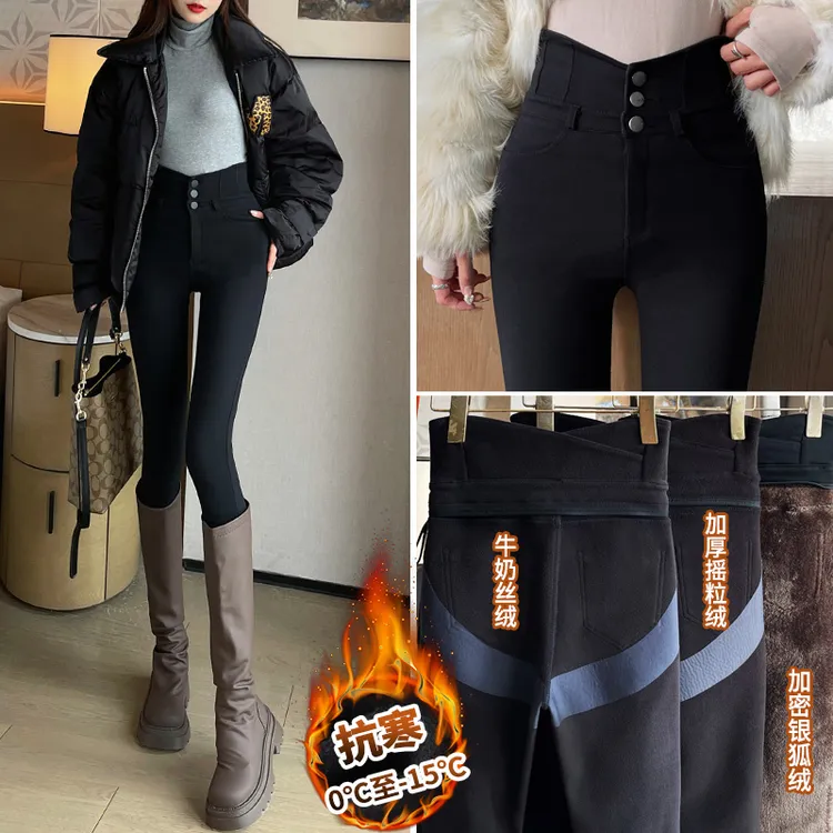 加绒弹力打底裤女外穿冬季高腰收腹紧身显瘦厚防寒小脚铅笔小黑裤