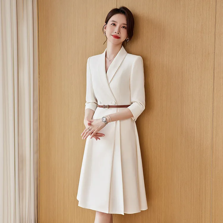 米白色女西服裙子职业衣服正装连衣裙礼服小个子显瘦气质时尚收腰
