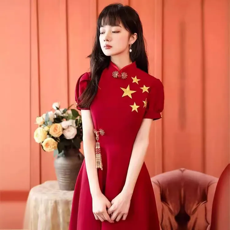 中国风中式出服红歌大合唱团朗诵旗袍开场舞主持人长礼服连衣裙