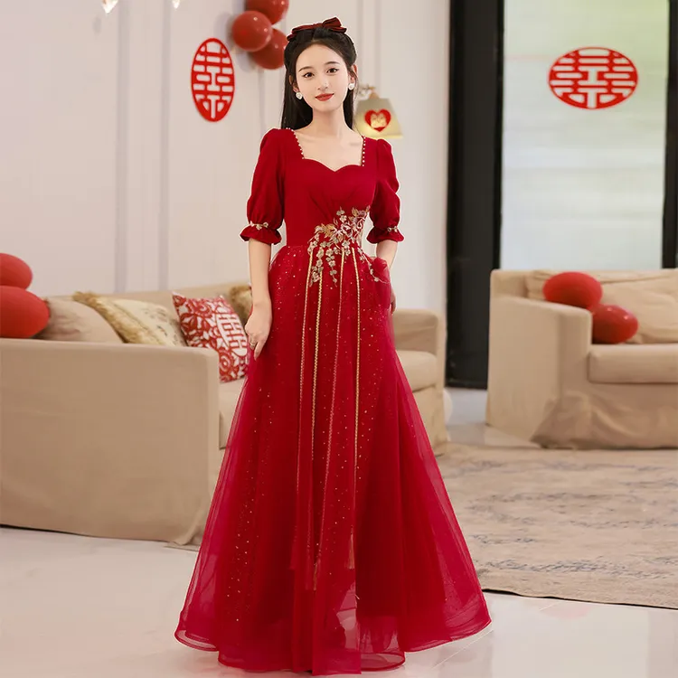 小个子孕妇新款订婚新中式敬酒服新娘订婚气质礼服红色礼服晚礼服