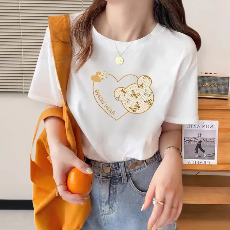 2024新款纯棉夏季休闲正肩短袖女士情侣装印花ins百搭圆领显瘦t恤