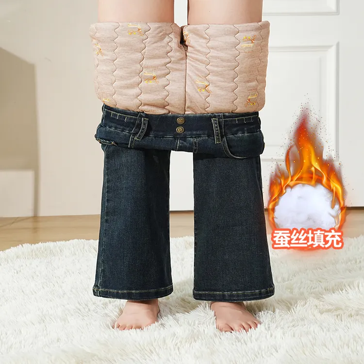 九分裤蚕丝牛仔微喇棉裤女外穿松紧高腰冬季新款加厚保暖喇叭裤子