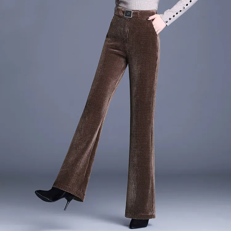 雪尼尔微喇裤女秋冬2025新款灯芯绒高腰显瘦条绒直筒加厚加绒裤子