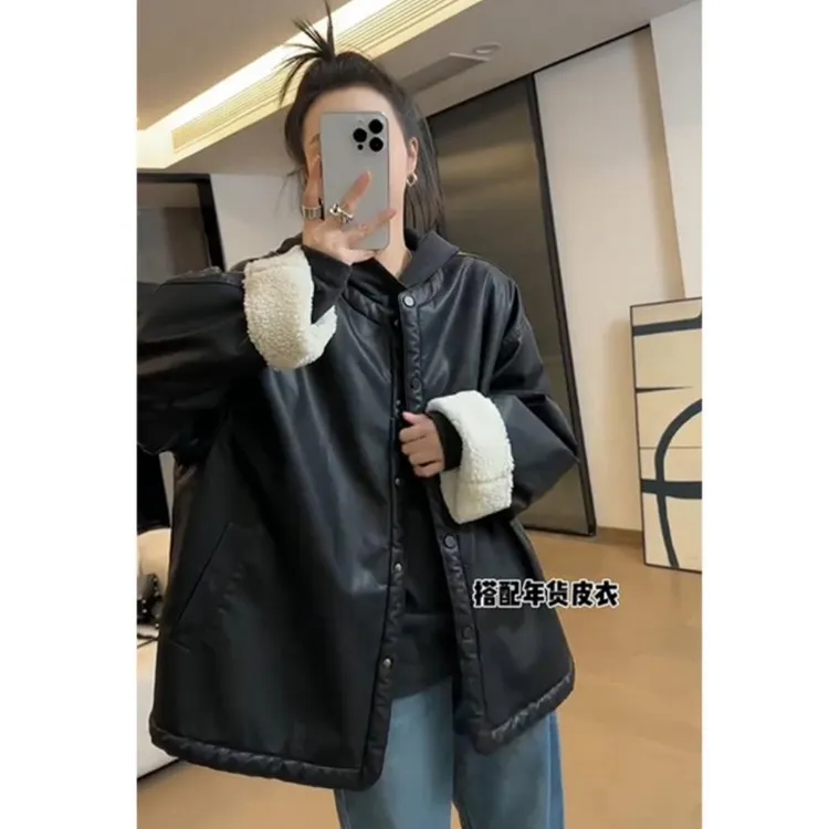 加绒黑色时尚酷飒撞色拼接袖皮衣女秋冬防寒新款网红穿搭加厚外套