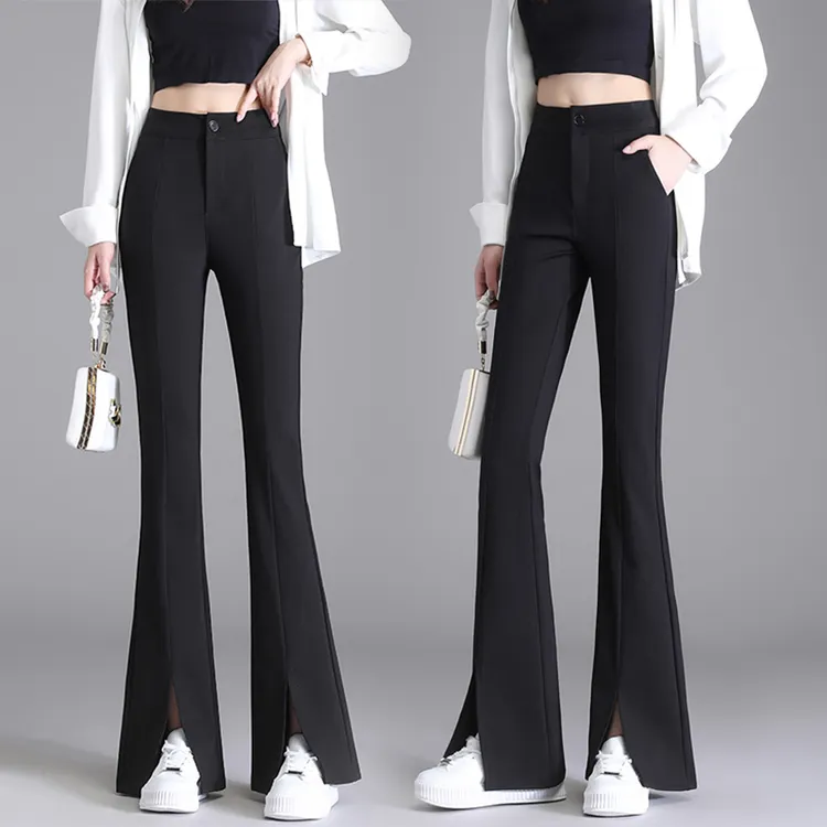 夏季黑色开叉微喇叭裤高腰弹力垂感显瘦小个子喇叭裤三种裤长可选