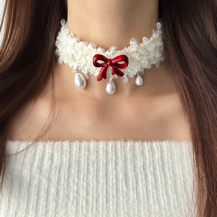 合金布艺项链 X4982-1甜美温柔秋冬新款百搭小众饰品红蝴蝶结项链
