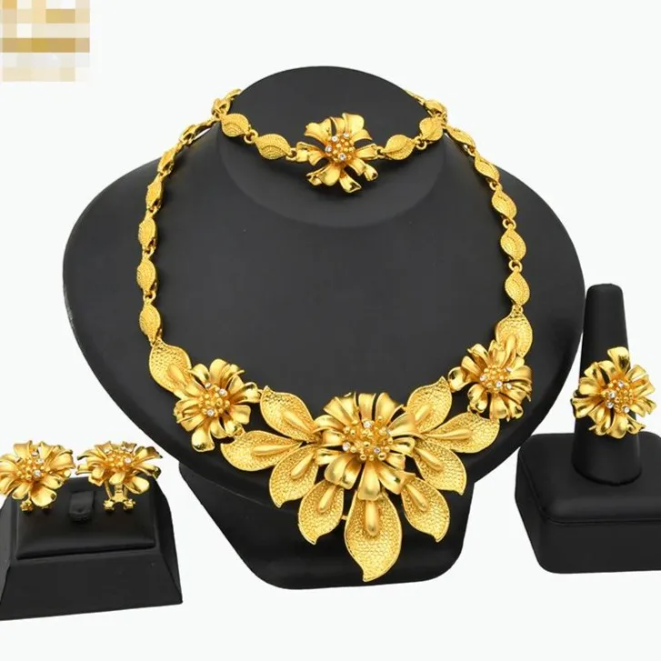 合金项链 【古米】4/34奢华金色24花朵素款四件套不掉色手工百搭