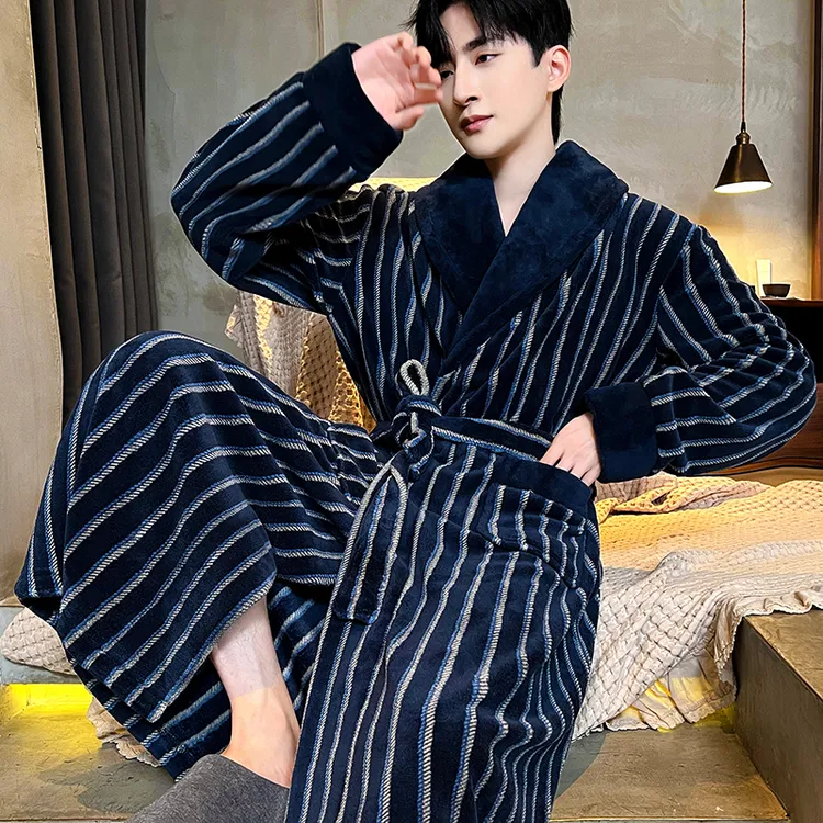 冬季珊瑚绒睡衣男2024秋冬新品奢华家居服加厚保暖成熟法兰绒睡袍