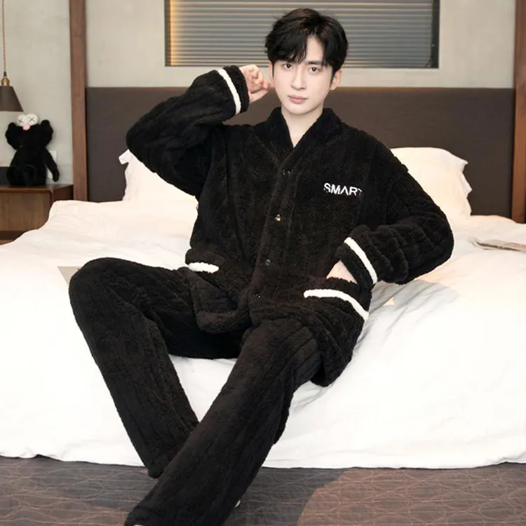 休闲家居服套装睡衣男冬季加绒保暖法兰绒提花加厚珊瑚绒开衫中青