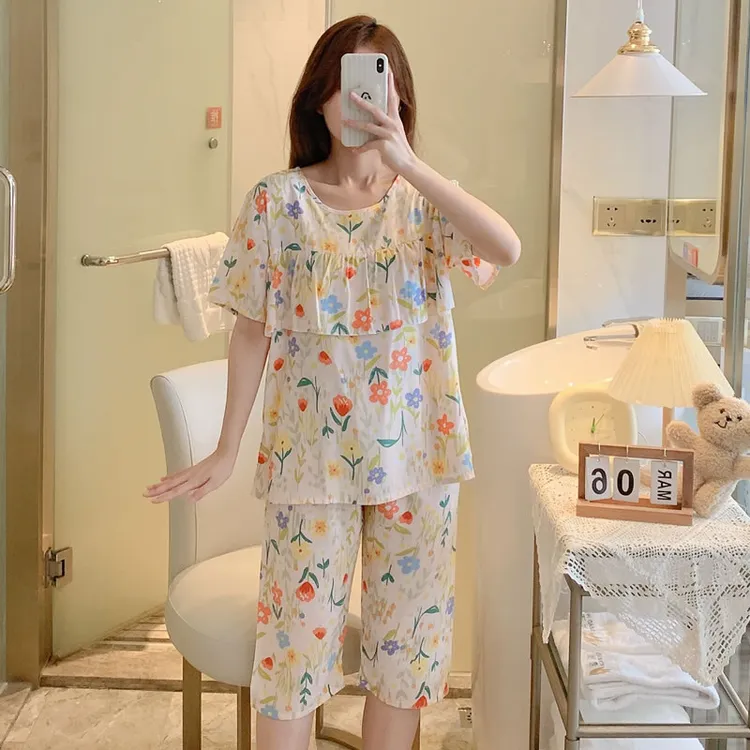 人造棉加肥大码女士夏季短袖棉绸睡衣套装韩版背心短裤绵绸家居服