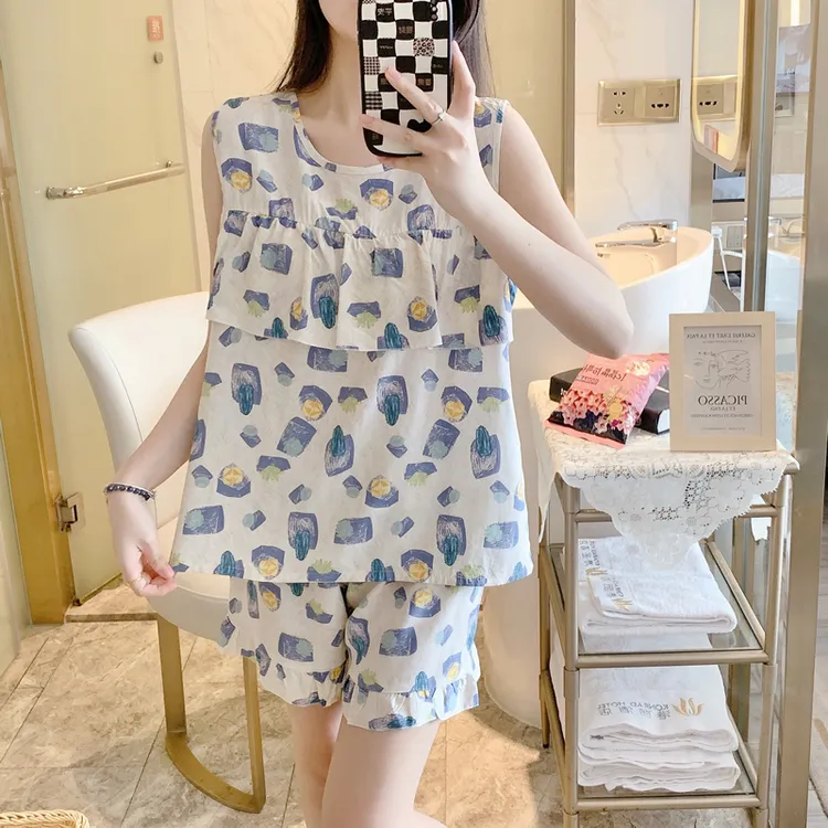 棉绸睡衣女夏季天薄款宽松大码无袖背心短裤套装防凸点外穿家居服