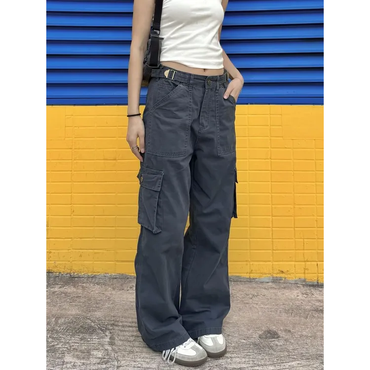 美式复古潮酷工装裤女设计感辣妹秋夏宽松休闲高腰直筒阔腿牛仔裤