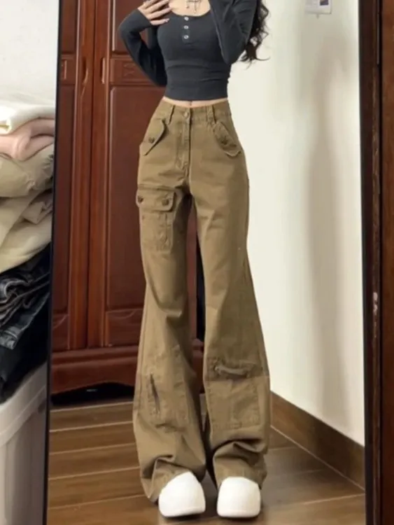 复古辣妹卡其色高腰微喇牛仔裤女春秋新款宽松显瘦直筒工装牛仔裤