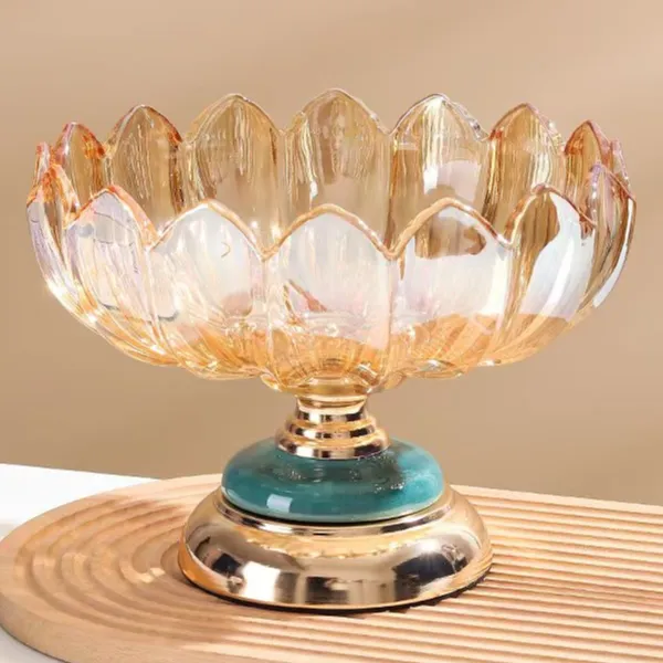 轻奢复古金属陶瓷底座琥珀大号玻璃果盘家用客厅茶几收纳