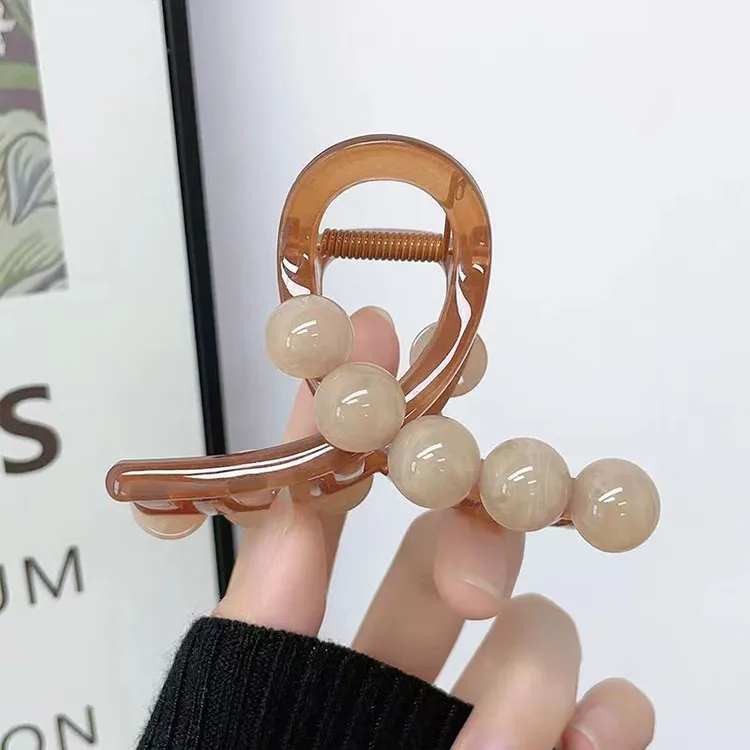 法式优雅透棕色抓夹淡粉色圆珠晕染发夹高级感百搭精致鲨鱼夹ins