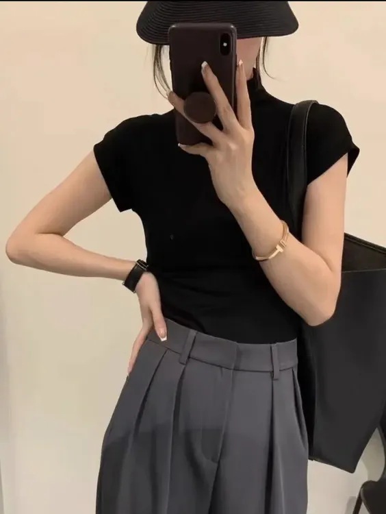 自留款）好穿软糯显瘦纯色气质小立领短袖打底上衣