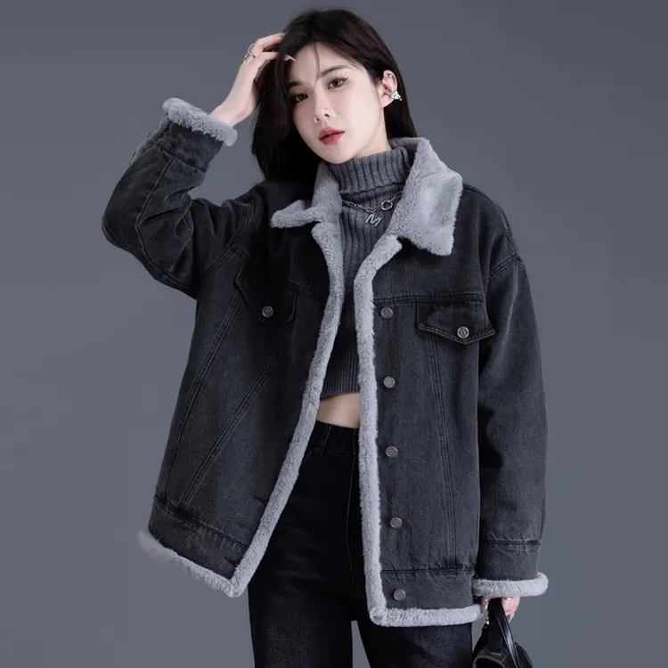 加绒牛仔外套女2025新款爆款洋气韩系慵懒风加厚宽松上衣棉袄棉服