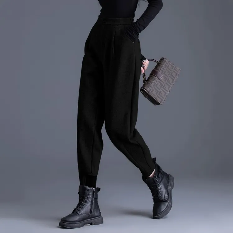 毛呢哈伦裤子女2025秋冬新款加厚羊毛束脚裤靴裤萝卜裤九分小个子