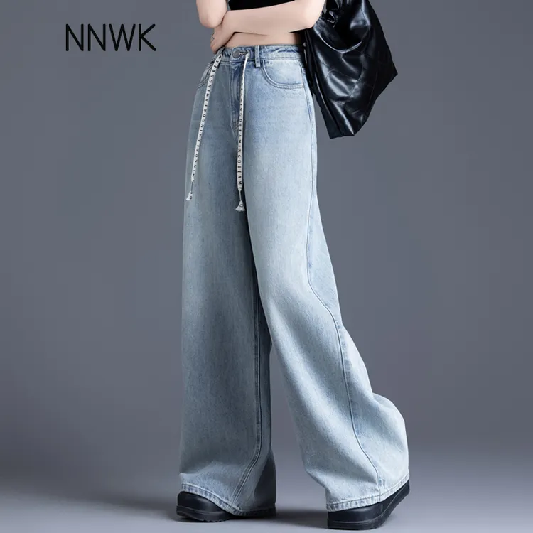 复古浅蓝色牛仔裤女新款春秋垂感阔腿裤宽松高腰休闲拖地直筒长裤
