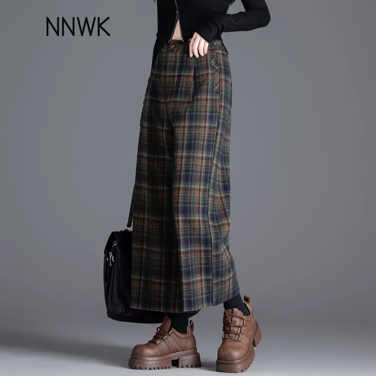 羊毛格子裤子女秋冬天小个子直筒裤休闲裤毛呢阔腿裤今年流行爆款